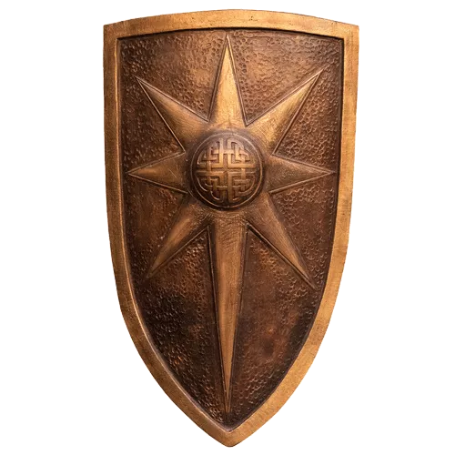 bronze shield with a celtic knot motif and star design