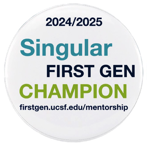 White round button that reads 2024/2025 Singular First Gen Champion