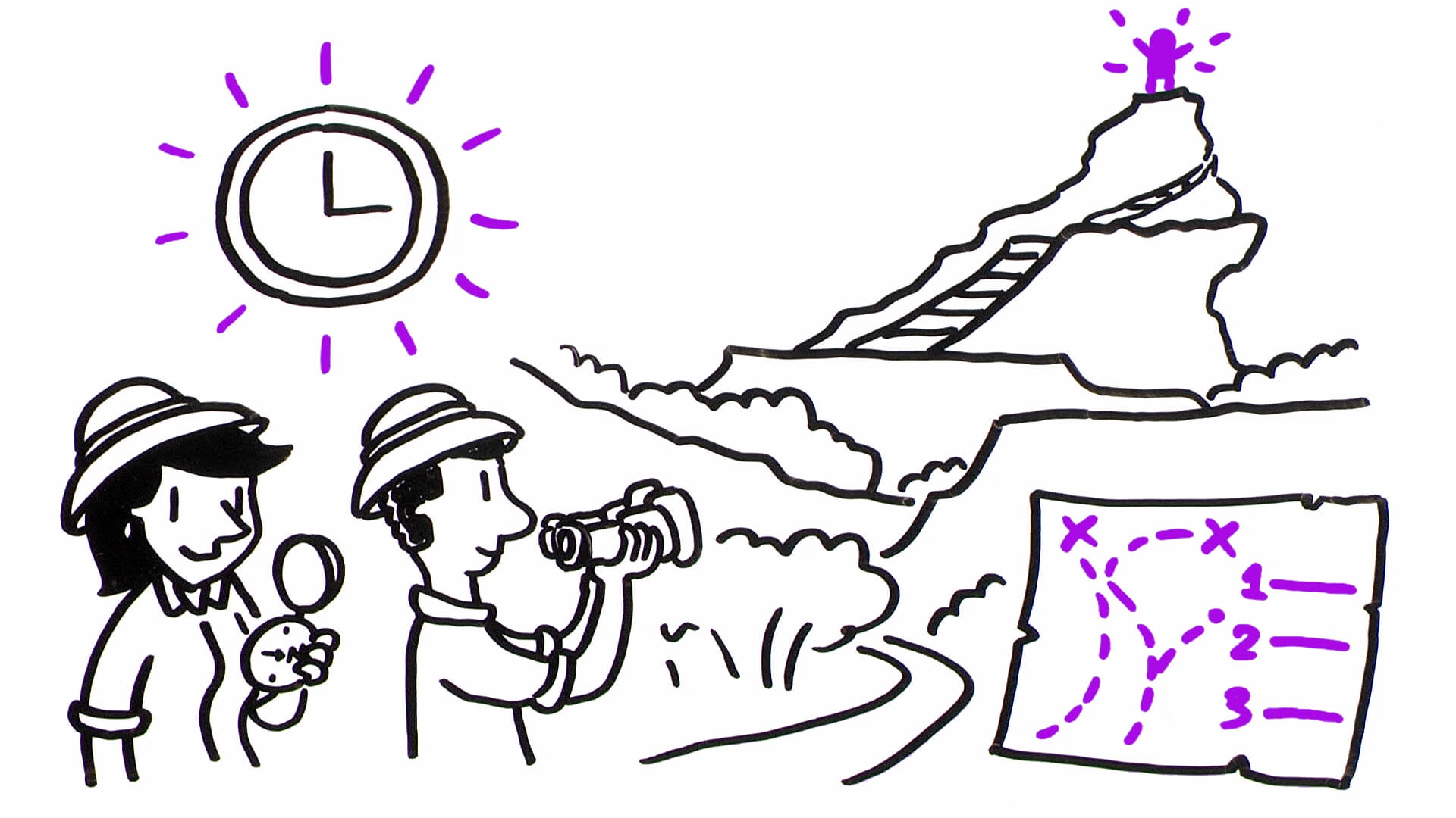 Illustration of two people navigating toward a goal, aided by a map, compass and binoculars