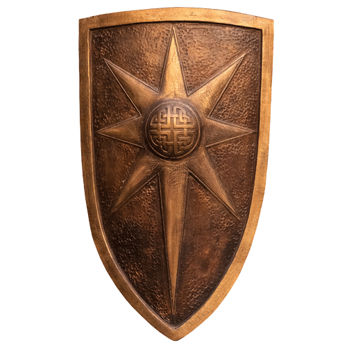 bronze shield with a celtic knot motif and star design